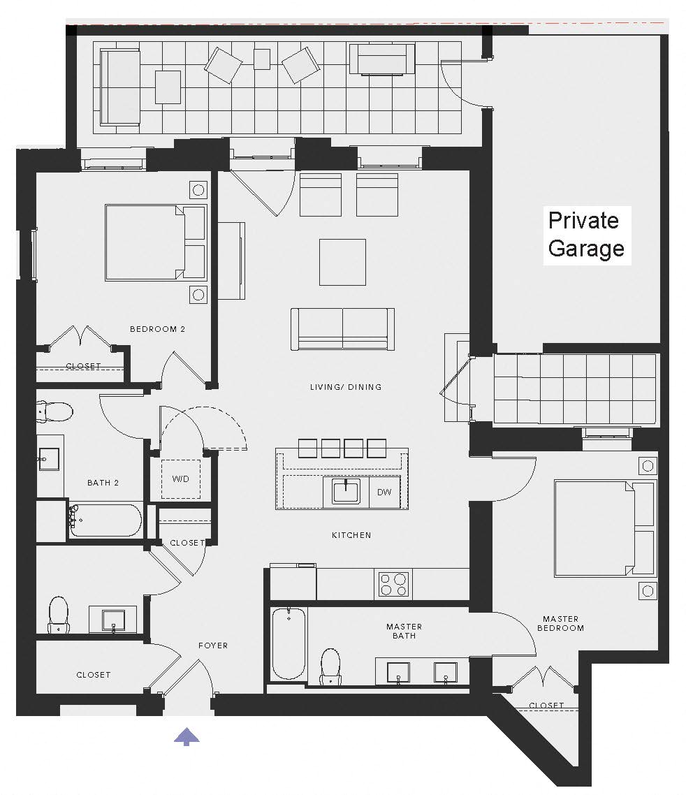 Floor plan for 2 beds, 3 baths, 1258 sqft